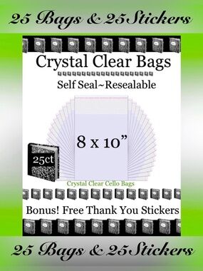 8x10”~25ct Clear Self Seal Poly Bags 📚🆕📚W/Free 25ct Thank You Stickers
